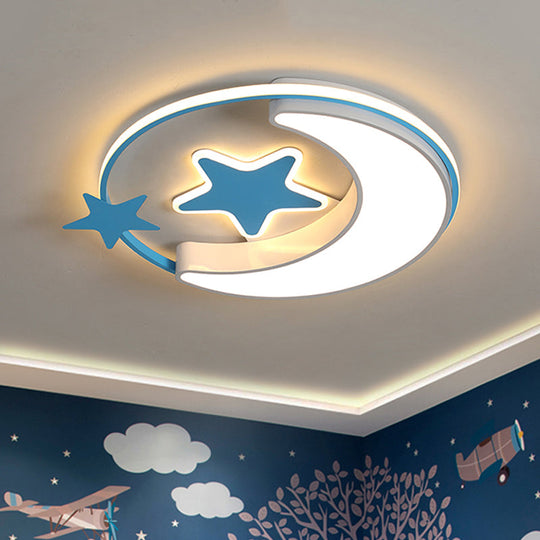 Contemporary Acrylic Flushmount Light For Kids Bedroom - Crescent And Star Design In Pink/Gold/Blue
