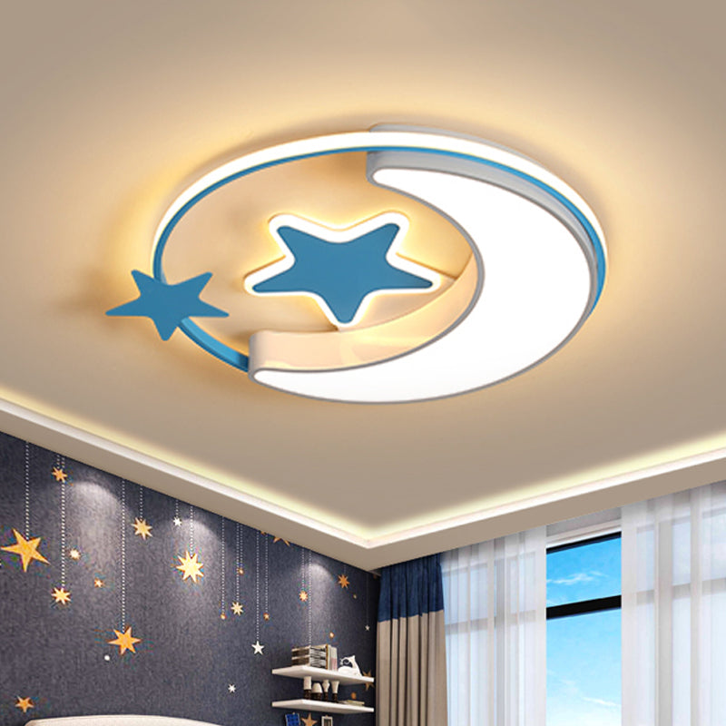 Contemporary Acrylic Flushmount Light For Kids Bedroom - Crescent And Star Design In Pink/Gold/Blue