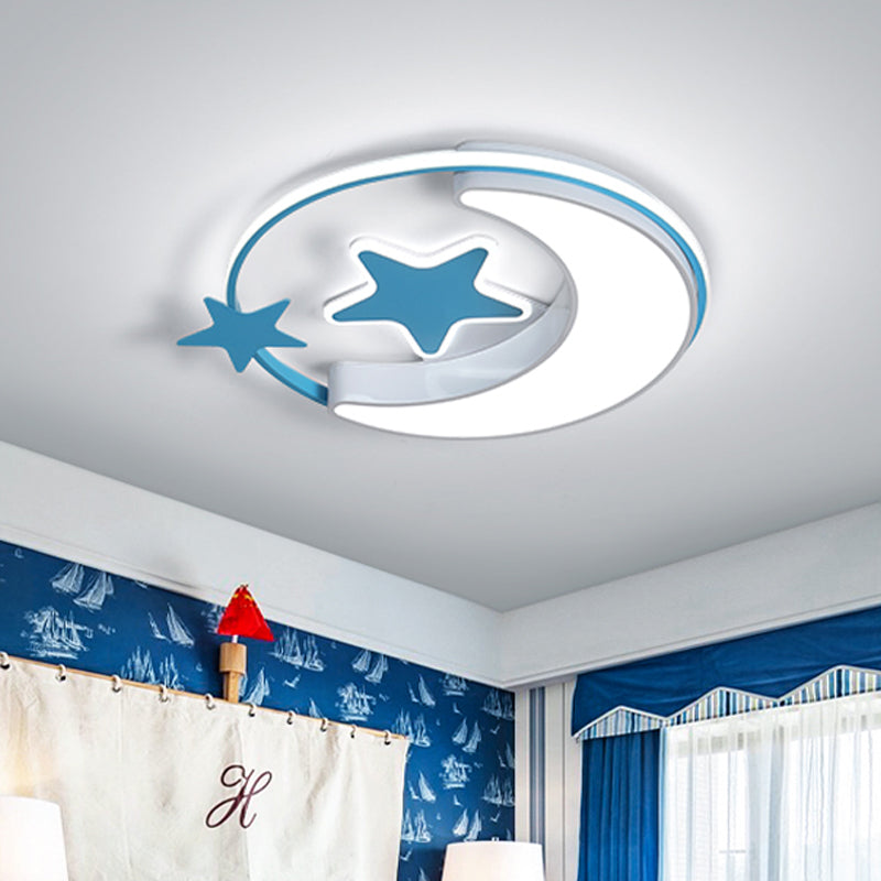 Contemporary Acrylic Flushmount Light For Kids Bedroom - Crescent And Star Design In Pink/Gold/Blue