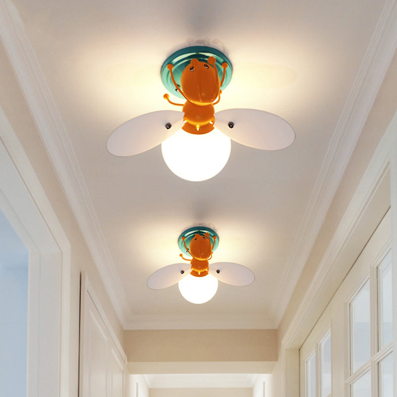 Childrens Firefly White Glass Flush Mount Light With 1 Orange Bulb - Ideal For Corridors