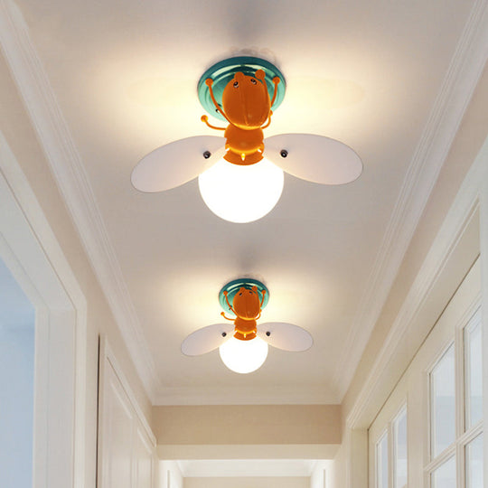 Childrens Firefly White Glass Flush Mount Light With 1 Orange Bulb - Ideal For Corridors