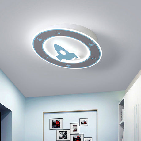 Rocket Led Ceiling Light For Boys Room - Acrylic Flush Mount Fixture In Blue/Red