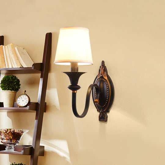 Countryside Black Fabric Sconce Light With Curvy Arm - Cone Shade Wall Lighting Fixture
