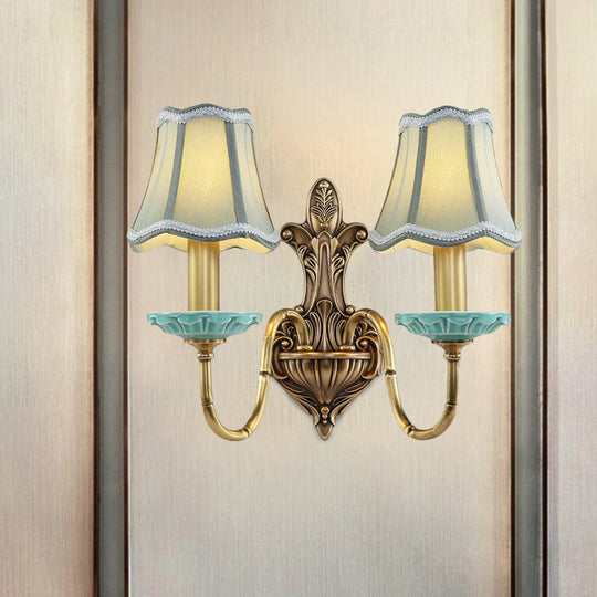 Rustic Scalloped Corridor Wall Sconce - Fabric 1/2-Light Brass Lighting Curved Arm Design