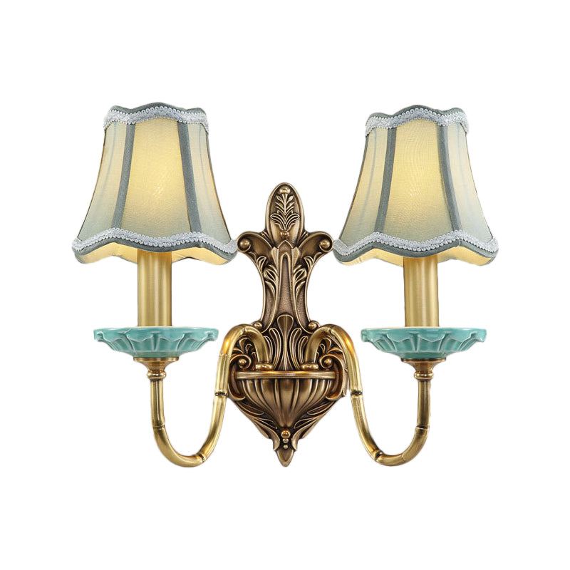 Rustic Scalloped Corridor Wall Sconce - Fabric 1/2-Light Brass Lighting Curved Arm Design