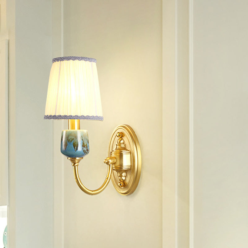 Brass Wall Hanging Light With Classic Swooping Arm And Fabric Shade