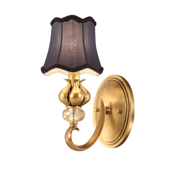 Rustic Scalloped Fabric Wall Sconce With Crystal Accent - 1-Light Brass Bedroom Lighting