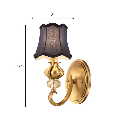 Rustic Scalloped Fabric Wall Sconce With Crystal Accent - 1-Light Brass Bedroom Lighting