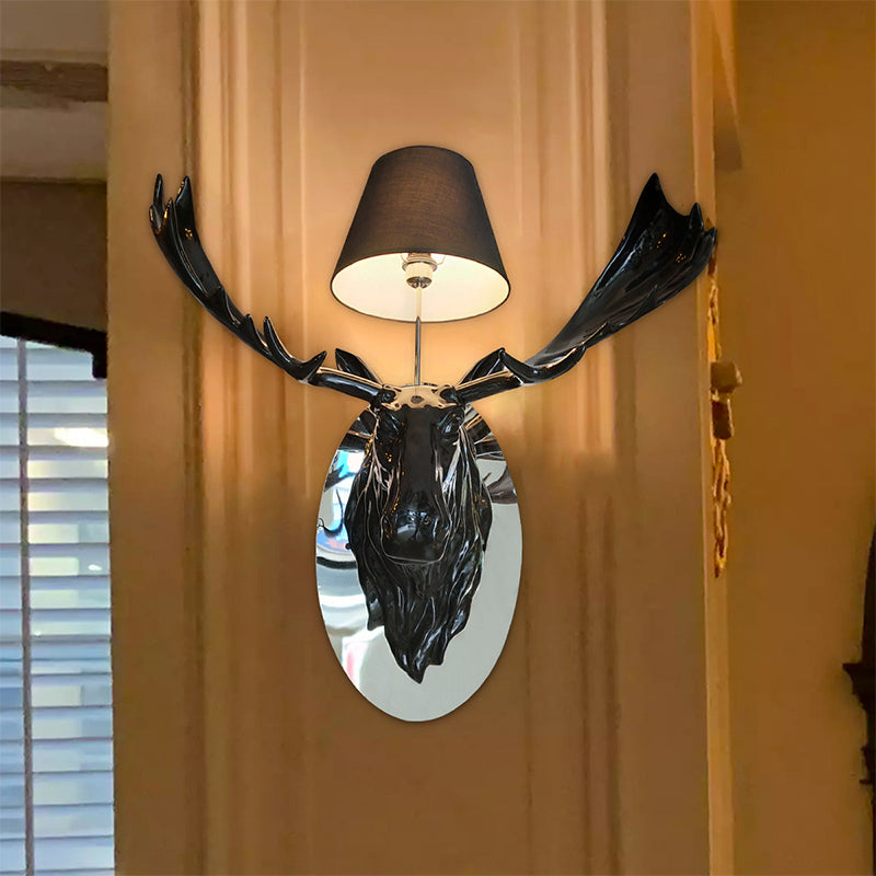 Rustic Deer Design Wall Sconce With Cone Shade And Black Fabric - 1-Light Resin Light