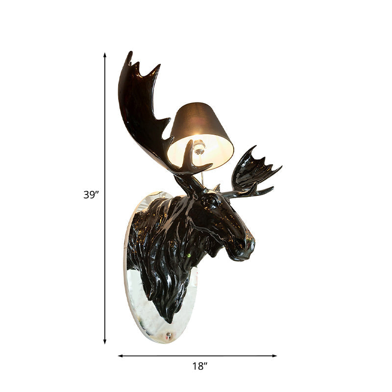 Rustic Deer Design Wall Sconce With Cone Shade And Black Fabric - 1-Light Resin Light
