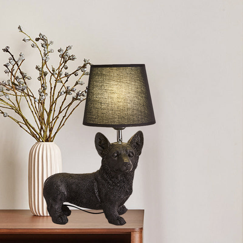 Traditional Black Drum Nightstand Lamp: Fabric Table Light With Resin Dog Base