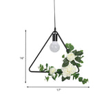 1 Bulb Artificial Flower Ceiling Pendant: Triangle/Round/Square Frame Loft Style Black Iron Down