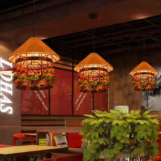 Vintage Black/Rust Finish House Pendant Ceiling Light With Rope Hanging And Flower/Vine Deco -