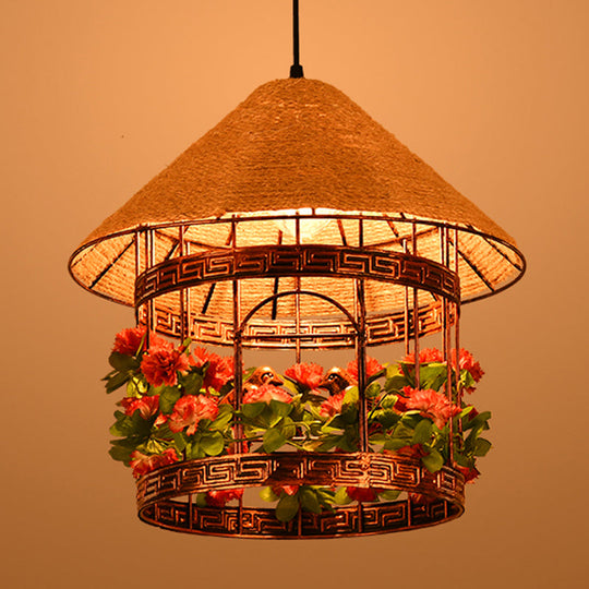 Vintage Black/Rust Finish House Pendant Ceiling Light With Rope Hanging And Flower/Vine Deco -