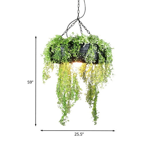 Industrial Metal Hanging Lamp Kit - Tyre Dining Room Ceiling Fixture With Vine-Inspired Fake Deco