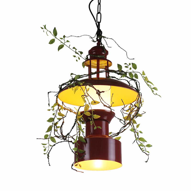 Burgundy Metal Hanging Ceiling Light With Drum Shade - Farm Style Pendant Lamp Fake Plant Attachment