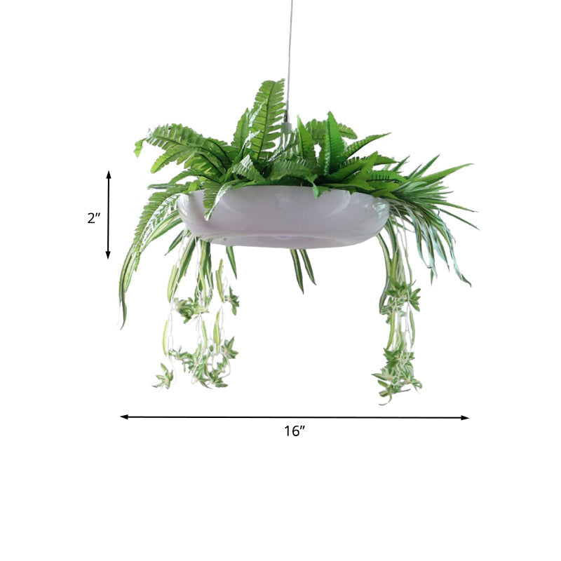 Warehouse Donut Pendant Light In White With Green Vine Deco - Metallic Suspension Lighting