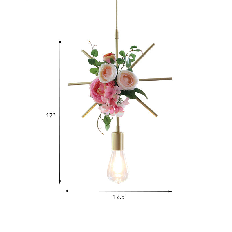 Metal Gold Ceiling Pendant With Artificial Flower: Industrial Hanging Light Fixture Frame Options
