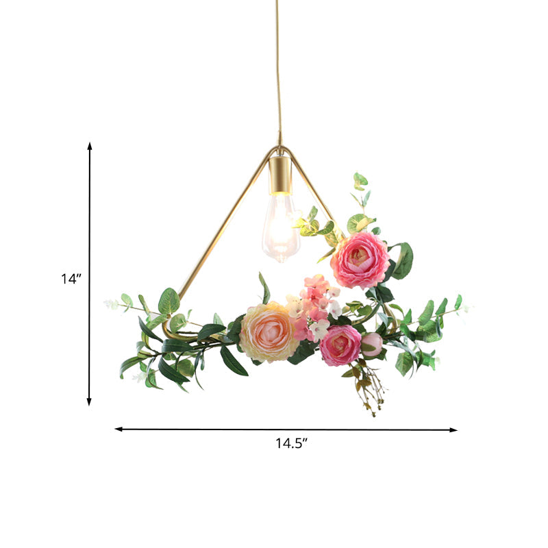 Metal Gold Ceiling Pendant With Artificial Flower: Industrial Hanging Light Fixture Frame Options