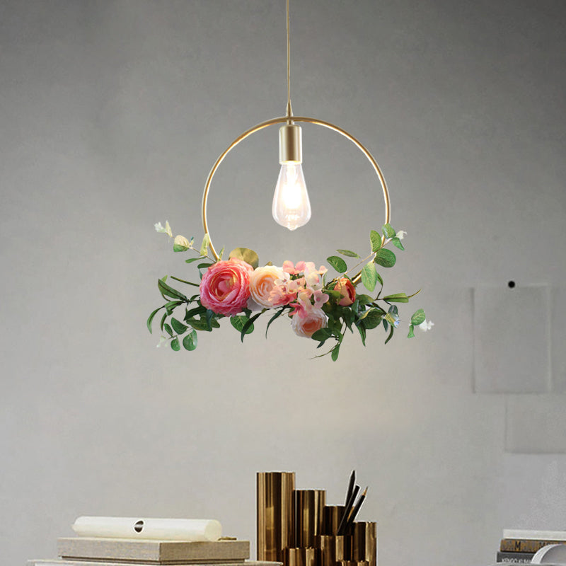 Metal Gold Ceiling Pendant With Artificial Flower: Industrial Hanging Light Fixture Frame Options