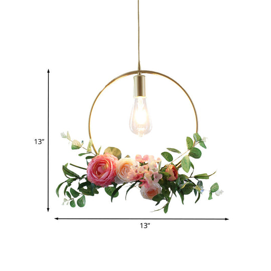 Metal Gold Ceiling Pendant With Artificial Flower: Industrial Hanging Light Fixture Frame Options