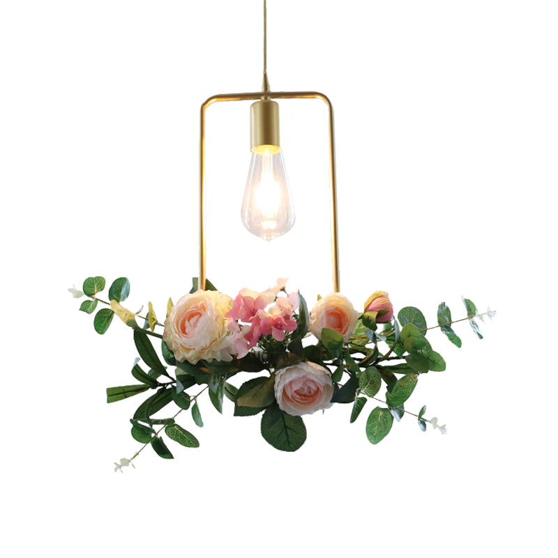 Metal Gold Ceiling Pendant With Artificial Flower: Industrial Hanging Light Fixture Frame Options