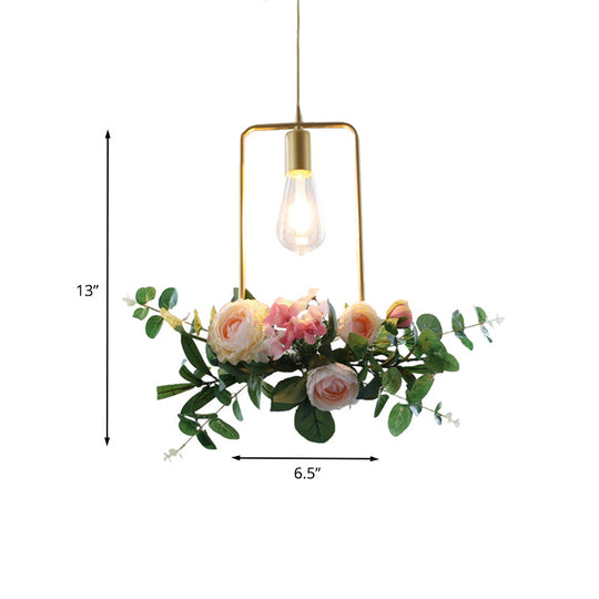 Metal Gold Ceiling Pendant With Artificial Flower: Industrial Hanging Light Fixture Frame Options