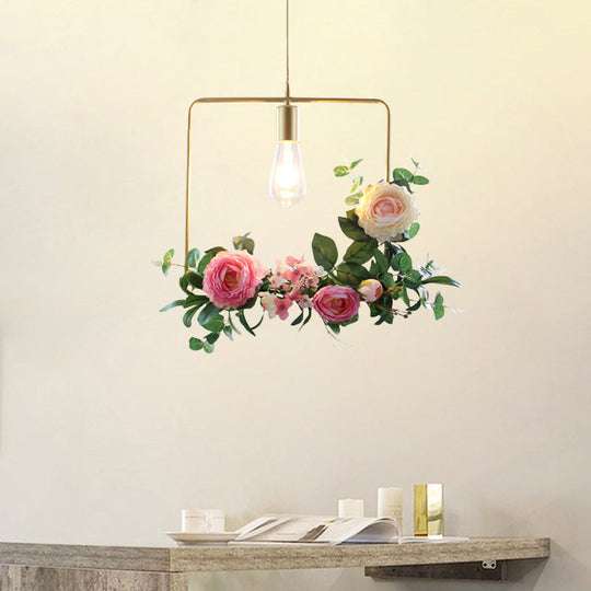 Metal Gold Ceiling Pendant With Artificial Flower: Industrial Hanging Light Fixture Frame Options