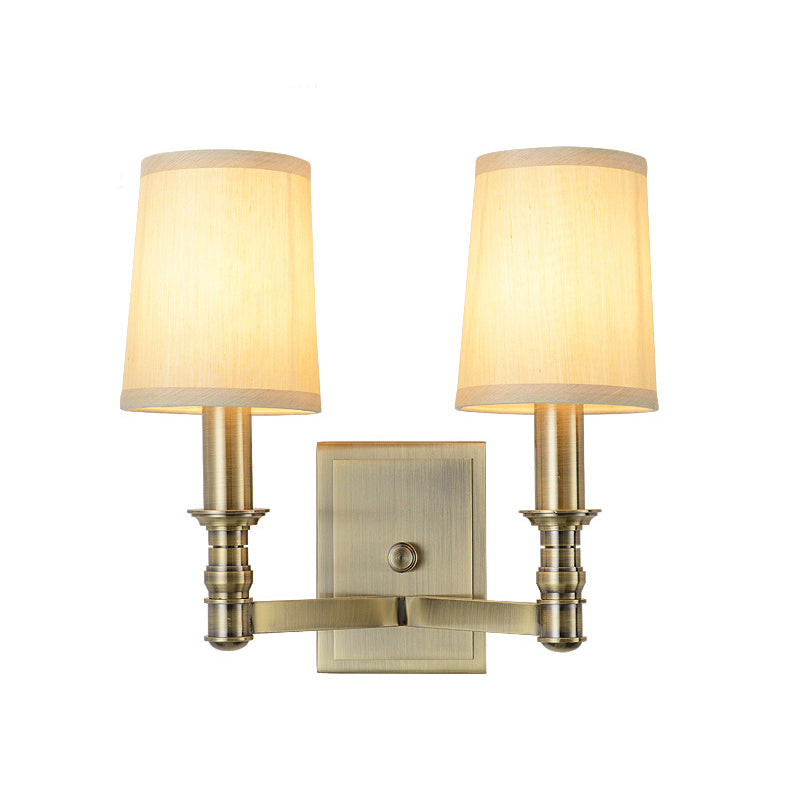 Country Corridor Wall Light Fixture With Brass Frame And Cylinder Fabric Shade 2 /
