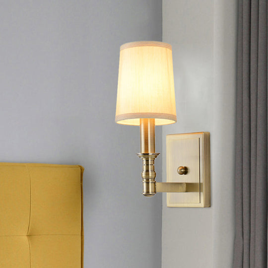 Country Corridor Wall Light Fixture With Brass Frame And Cylinder Fabric Shade