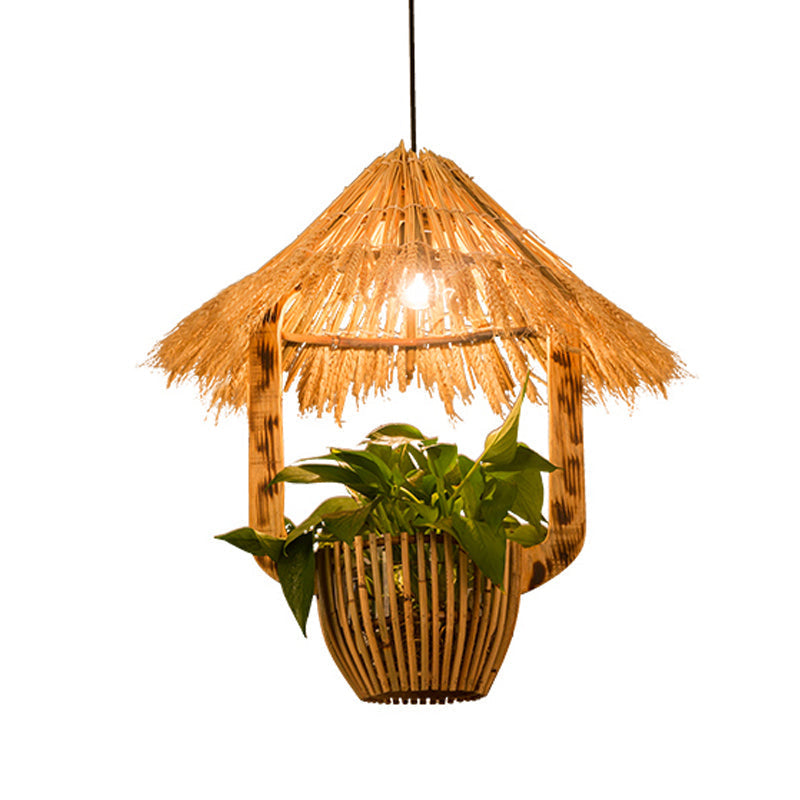 Industrial Brown Rattan Pendant Light For Restaurants - Hut Plant Pot Design