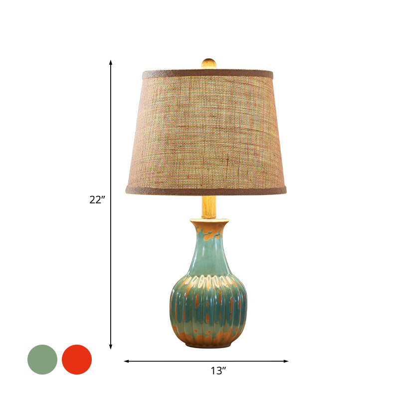 Rustic Ceramic Night Light: 1-Light Red/Blue Vase Lamp For Bedroom Nightstand With Stylish Fabric
