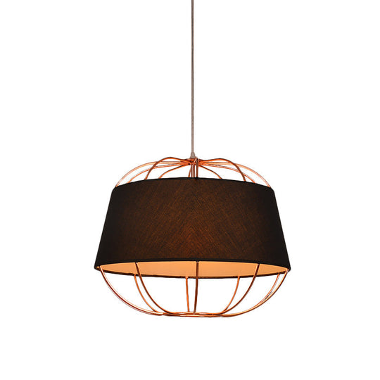 Country Style 1-Bulb Pendant Light Kit - Tapered Drum Fabric Hanging Lamp In White/Black With Wire