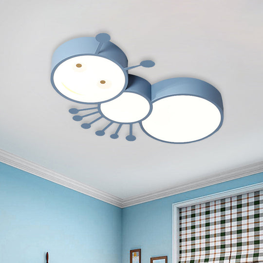Ant Baby Led Ceiling Lamp In White/Pink/Blue - Cartoon Iron Flush Mount Lighting Blue