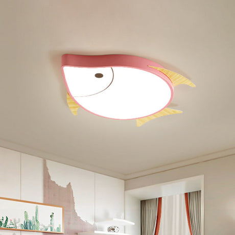 Kids Cartoon Fish Led Ceiling Lamp In White/Pink/Blue With Wood Accents