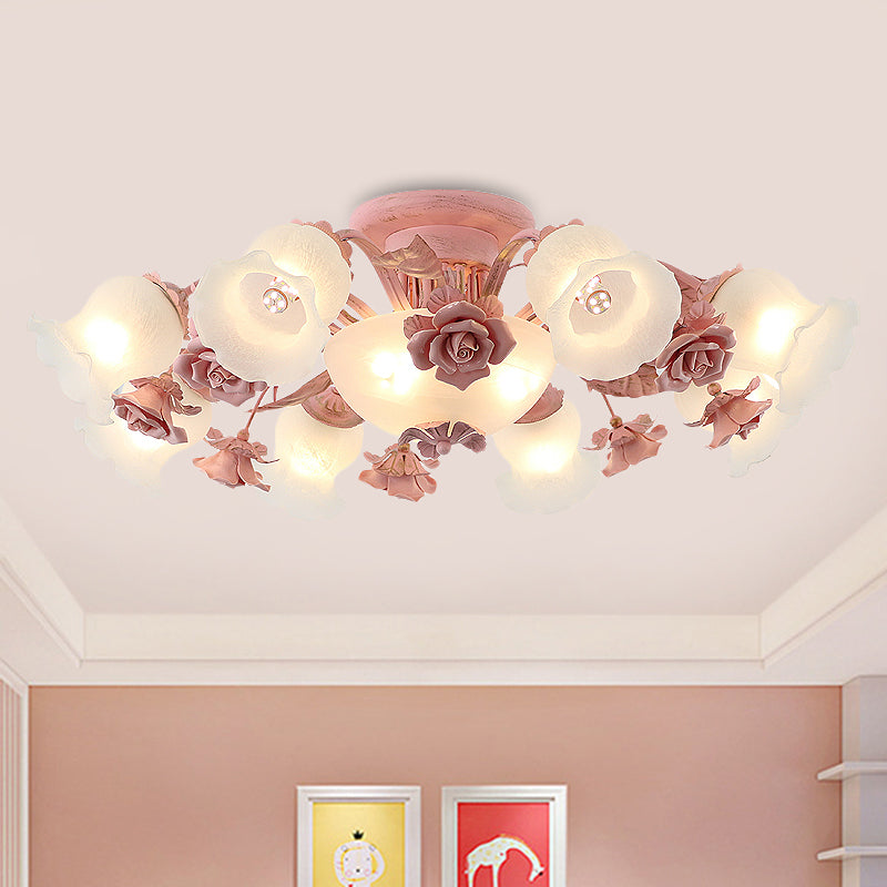 Pastoral Frosted Glass Flush Chandelier: Rose Blossom 7/11 - Head Pink Ceiling Mount Light 11 /