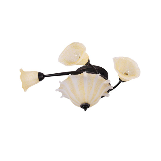 Countryside Whirled Frosted Glass Flush Mount Ceiling Lighting In Black - 3-Light Lamp