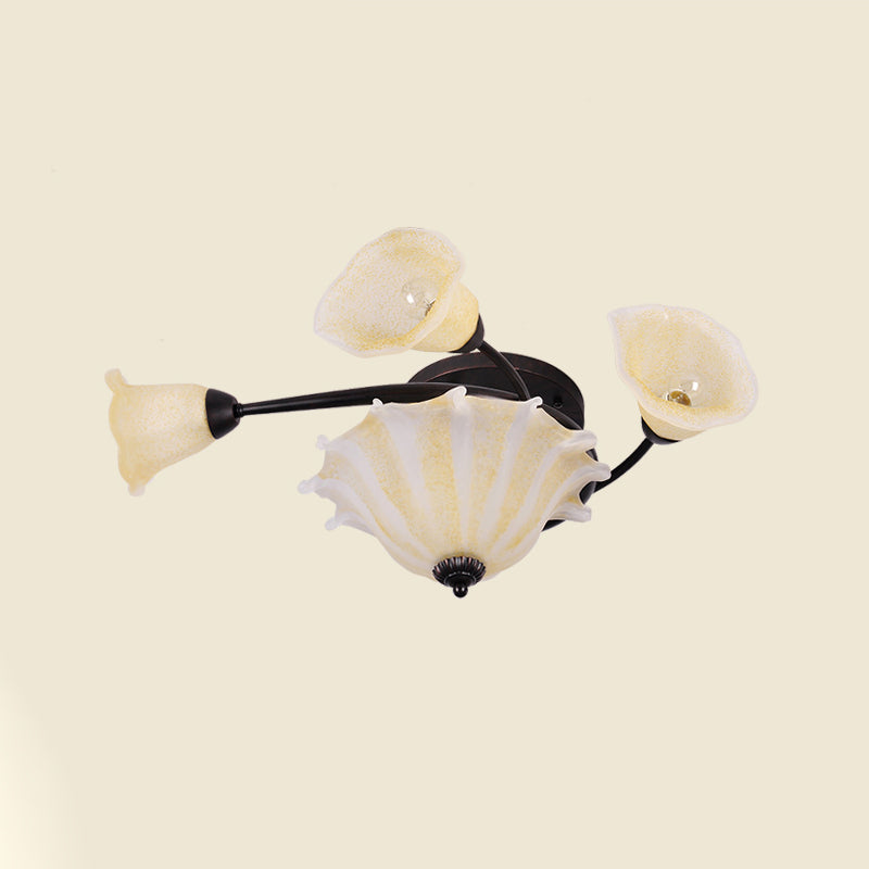 Countryside Whirled Frosted Glass Flush Mount Ceiling Lighting In Black - 3 - Light Lamp