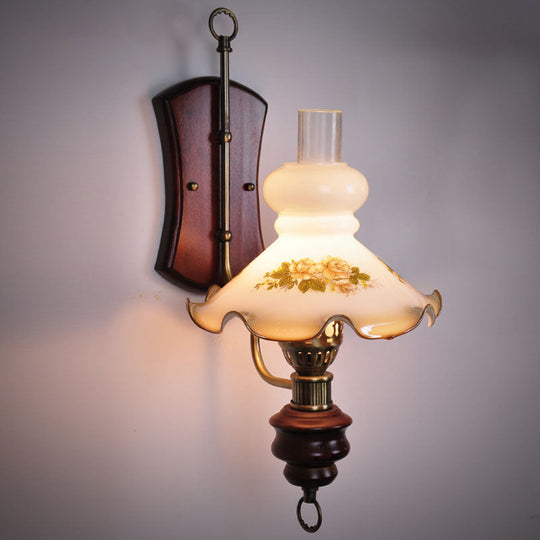 Rustic Red Brown Wall Sconce Light With Countryside White Glass And Kerosene Lamp Shade