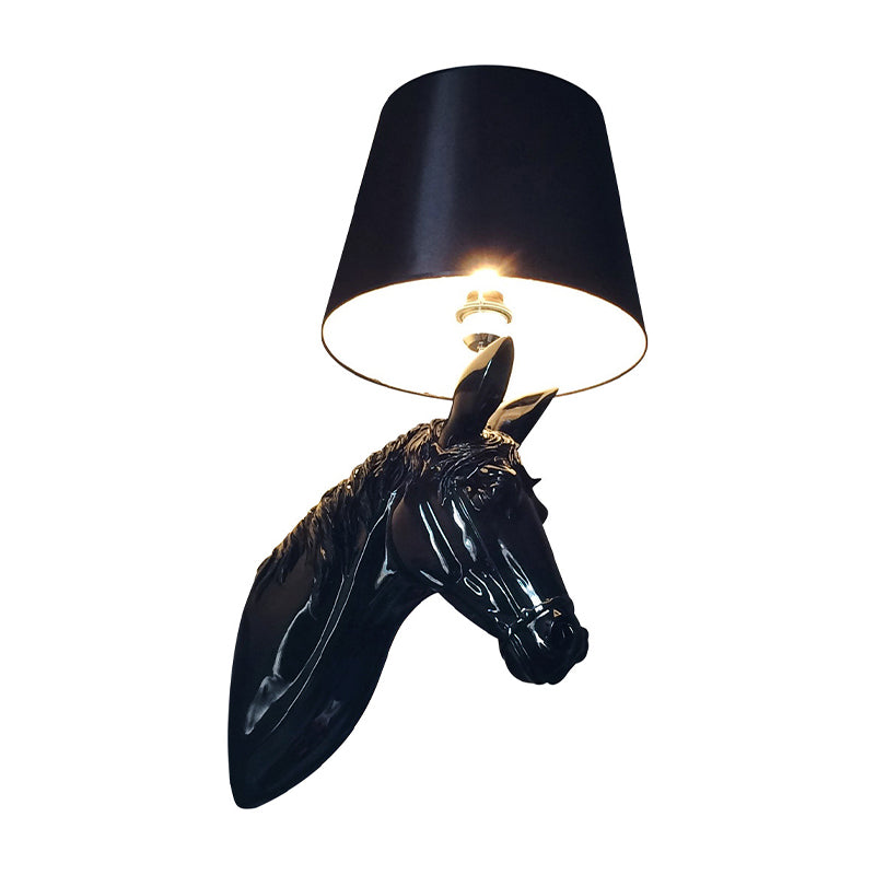 Countryside Horse Head Wall Sconce Light With Conical Lampshade Black/White