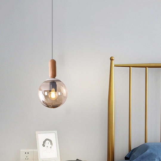 Sleek Sphere Kitchen Pendant Light: White/Cognac Glass Minimalist Design With Wood Grip