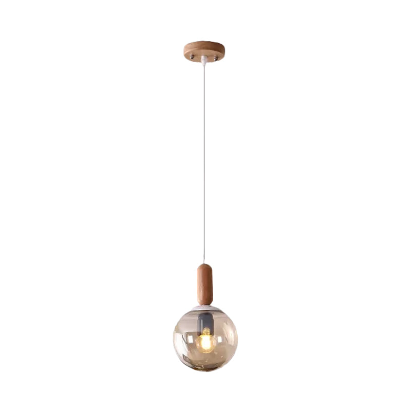 Sleek Sphere Kitchen Pendant Light: White/Cognac Glass Minimalist Design With Wood Grip