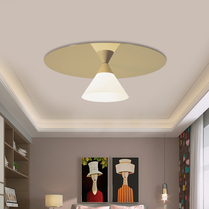 Post-Modern Brass Flush Mount Ceiling Light With White Glass Shade And Cone Design