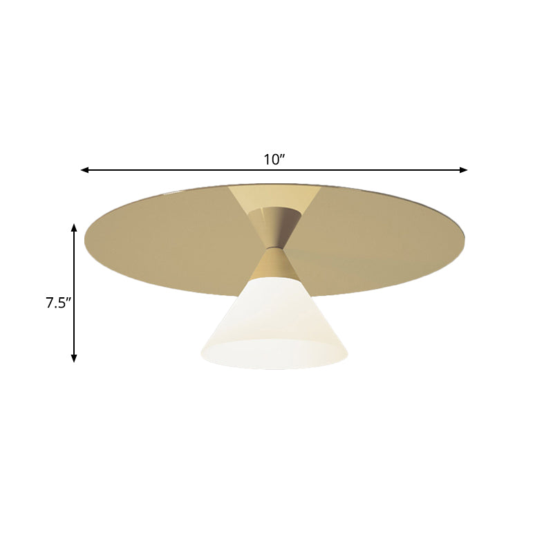 Post-Modern Brass Flush Mount Ceiling Light With White Glass Shade And Cone Design