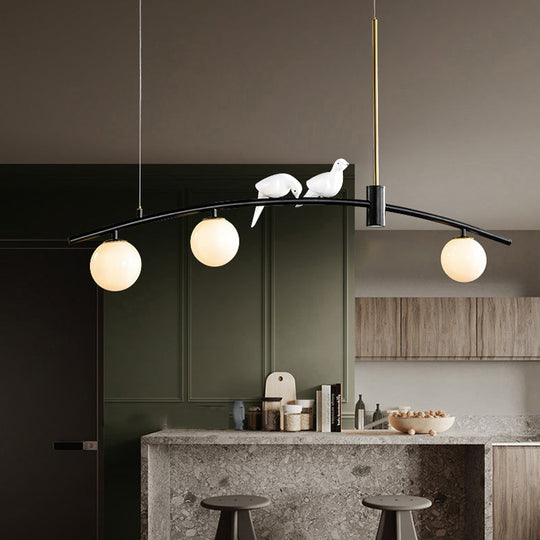 Modern Mini Milk Glass Island Lamp With Bird Decoration - 3-Head Suspension Pendant In Black-Brass