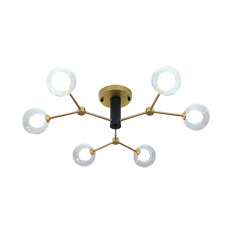 Postmodern Molecule Ceiling Light - Clear & White Glass 6 - Head Semi Flush Mount In Gold For