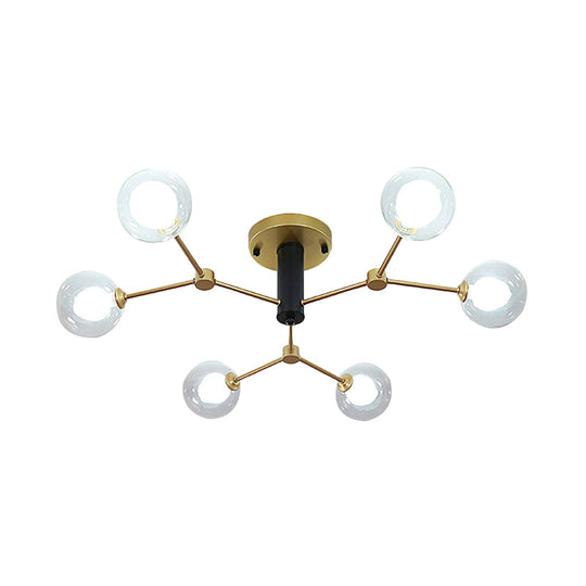 Postmodern Molecule Ceiling Light - Clear & White Glass 6 - Head Semi Flush Mount In Gold For