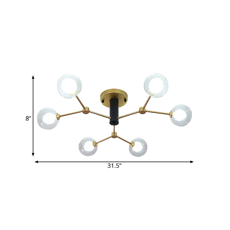 Postmodern Molecule Ceiling Light - Clear & White Glass 6 - Head Semi Flush Mount In Gold For