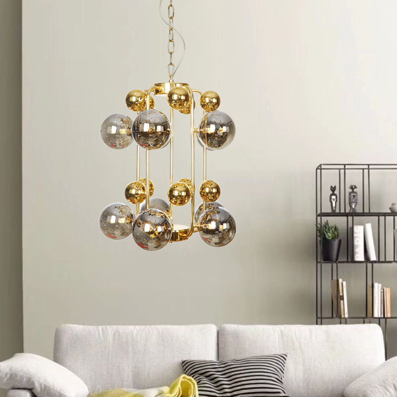 Postmodern 8-Bulb Chandelier Lamp With Smoke Grey Glass - Brass Molecular Pendant Light Fixture Gray