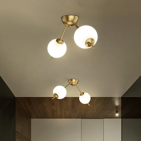 Postmodern Brass Ceiling Mount Light With Ivory Glass Shade - 2/3 Lights Semi Flush For Living Room